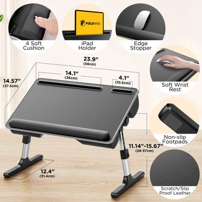 FoldWise 2-in-1 Bed Table & Lap Desk - Soft Cushions, Adjustable Height & Angle, Foldable with Wrist Rest, Tablet Holder, Edge Stopper & Laptop Table Non-Slip Leather, Ideal for Bed Desk, Sofa & Chair - Black