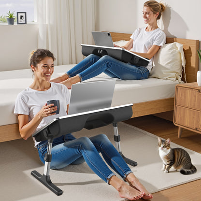 FoldWise 2-in-1 Bed Table & Lap Desk - Soft Cushions, Adjustable Height & Angle, Foldable with Wrist Rest, Tablet Holder, Edge Stopper & Laptop Table Non-Slip Leather, Ideal for Bed Desk, Sofa & Chair - Black