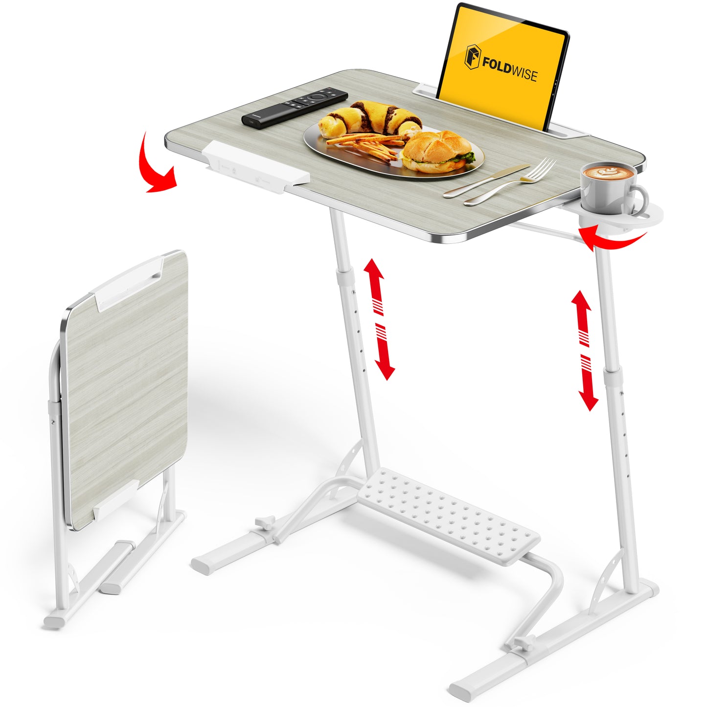 FoldWise Upgraded Folding TV Tray Table - Extra Large & Sturdy Laptop Table for Couch, Height & Angle Adjustable Desk for Dinner, Work & TV - Includes Footrest, Cup Holder, iPad Holder & Edge Stopper