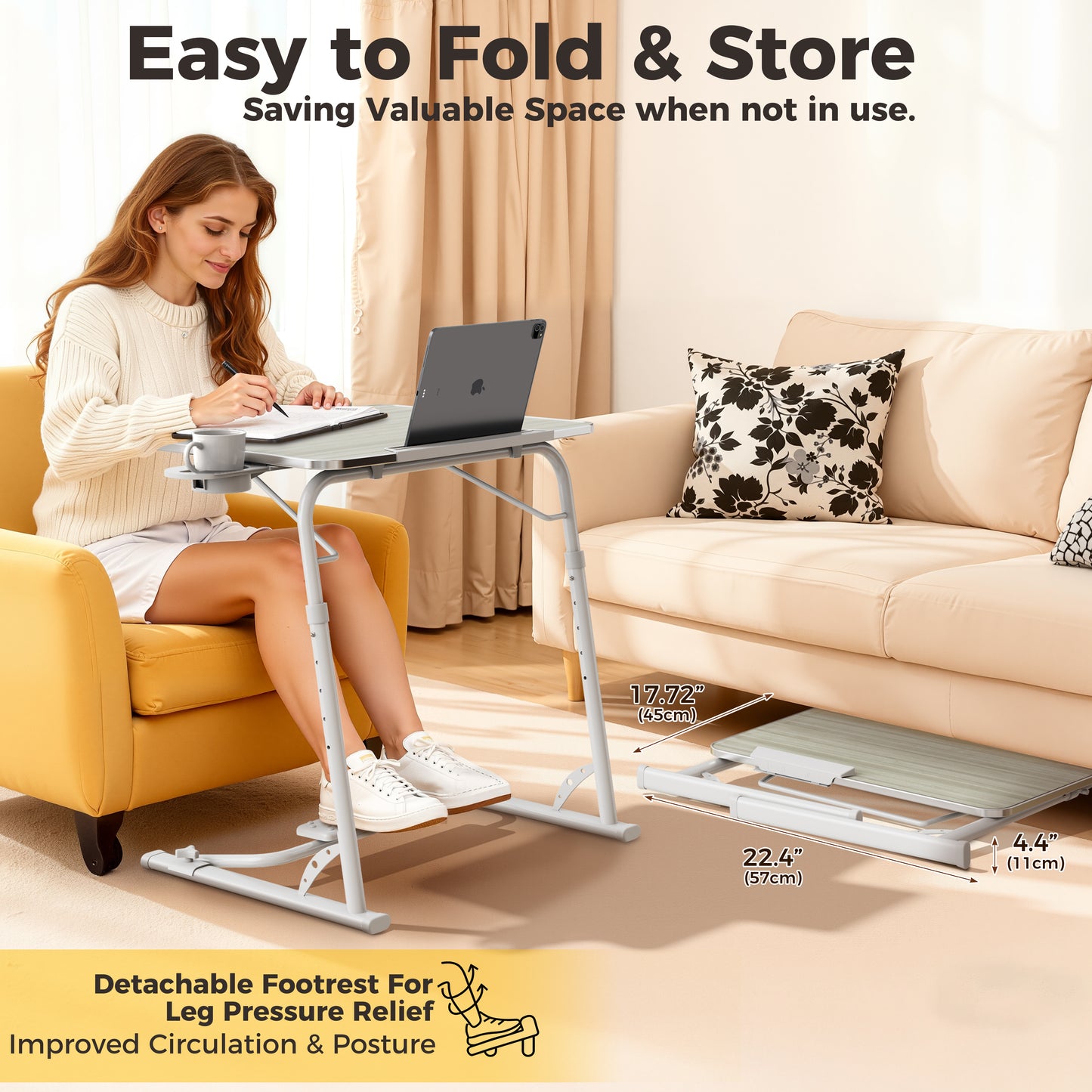 FoldWise Upgraded Folding TV Tray Table - Extra Large & Sturdy Laptop Table for Couch, Height & Angle Adjustable Desk for Dinner, Work & TV - Includes Footrest, Cup Holder, iPad Holder & Edge Stopper