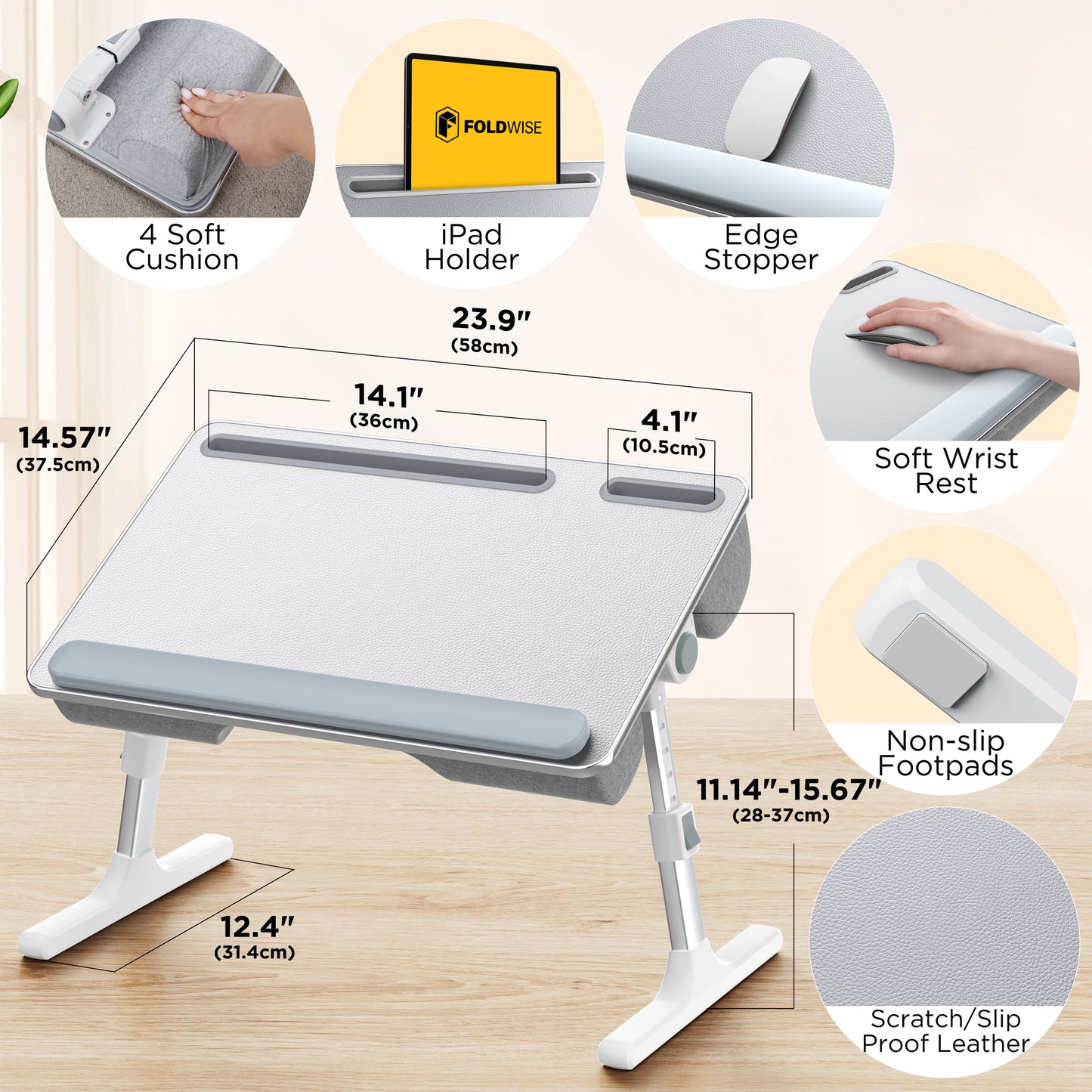 FoldWise 2-in-1 Bed Table & Lap Desk - Soft Cushions, Adjustable Height & Angle, Foldable with Wrist Rest, Tablet Holder, Edge Stopper & Laptop Table Non-Slip Leather, Ideal for Bed Desk, Sofa & Chair