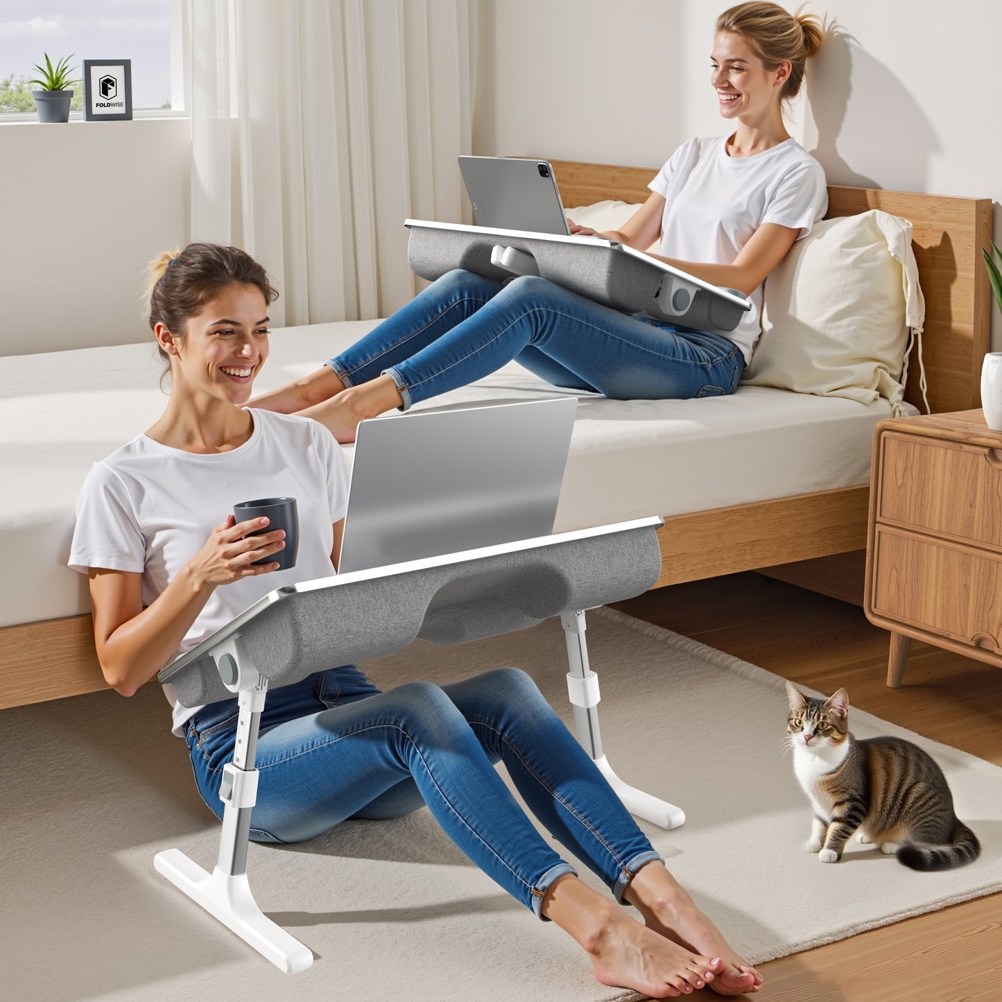 FoldWise 2-in-1 Bed Table & Lap Desk - Soft Cushions, Adjustable Height & Angle, Foldable with Wrist Rest, Tablet Holder, Edge Stopper & Laptop Table Non-Slip Leather, Ideal for Bed Desk, Sofa & Chair