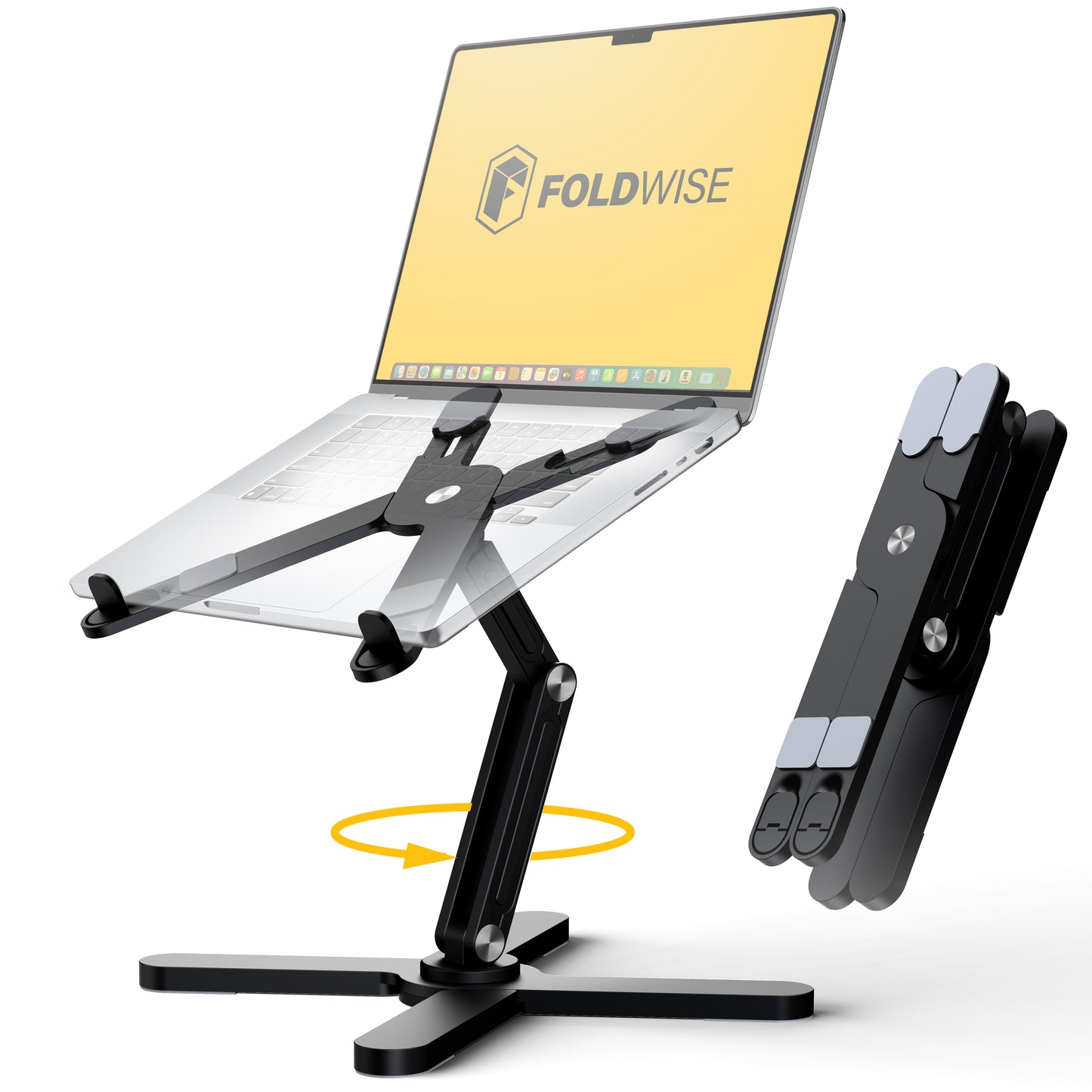 FoldWise X Premium Laptop Stand for Desk - 100% Aluminum, Portable & 360° Rotating - Adjustable Height & Angles Laptop Riser - Sturdy & Foldable MacBook Stand Compatible with All 11-18” Devices Black