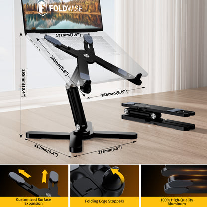 FoldWise X Premium Laptop Stand for Desk - 100% Aluminum, Portable & 360° Rotating - Adjustable Height & Angles Laptop Riser - Sturdy & Foldable MacBook Stand Compatible with All 11-18” Devices Black