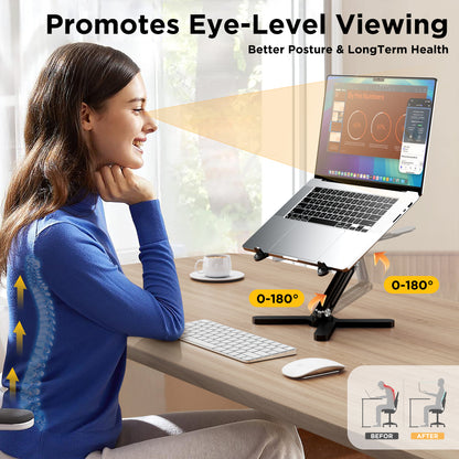 FoldWise X Premium Laptop Stand for Desk - 100% Aluminum, Portable & 360° Rotating - Adjustable Height & Angles Laptop Riser - Sturdy & Foldable MacBook Stand Compatible with All 11-18” Devices Black