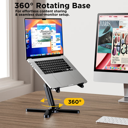 FoldWise X Premium Laptop Stand for Desk - 100% Aluminum, Portable & 360° Rotating - Adjustable Height & Angles Laptop Riser - Sturdy & Foldable MacBook Stand Compatible with All 11-18” Devices Black