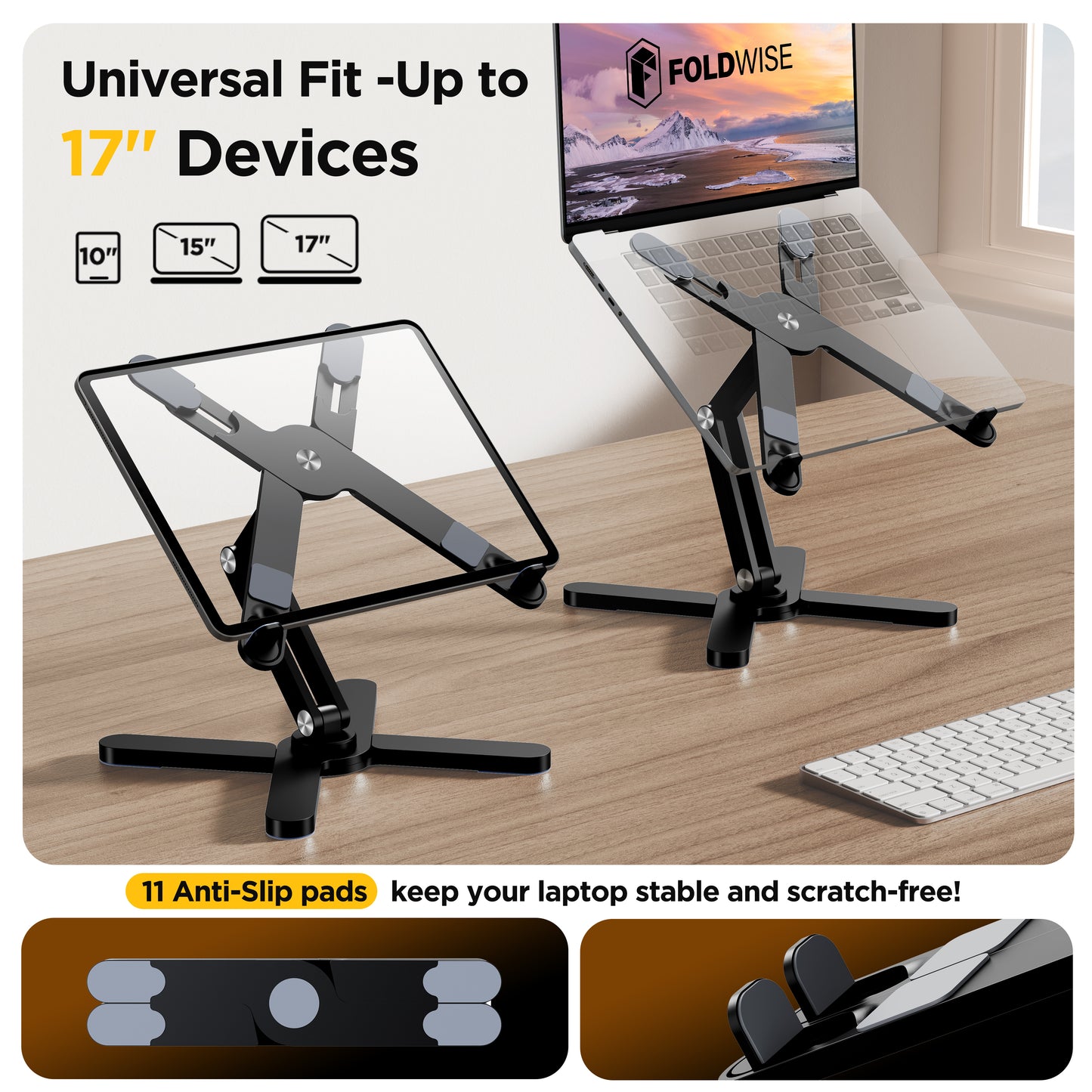 FoldWise X Premium Laptop Stand for Desk - 100% Aluminum, Portable & 360° Rotating - Adjustable Height & Angles Laptop Riser - Sturdy & Foldable MacBook Stand Compatible with All 11-18” Devices Black