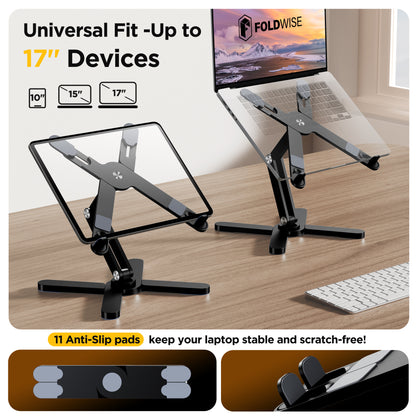 FoldWise X Premium Laptop Stand for Desk - 100% Aluminum, Portable & 360° Rotating - Adjustable Height & Angles Laptop Riser - Sturdy & Foldable MacBook Stand Compatible with All 11-18” Devices Black