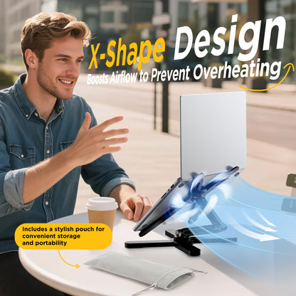 FoldWise X Premium Laptop Stand for Desk - 100% Aluminum, Portable & 360° Rotating - Adjustable Height & Angles Laptop Riser - Sturdy & Foldable MacBook Stand Compatible with All 11-18” Devices Black