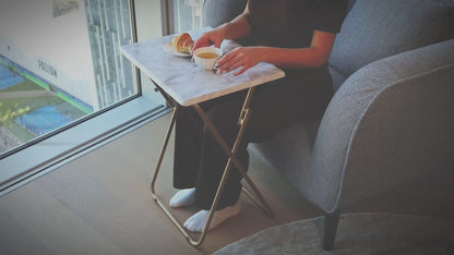 FoldWise Elegant Marble Stone Effect Folding Side Table – Fully Assembled Small Foldable Coffee Table & TV Dinner Tray – Compact Table for Eating, Snack, Bedside & Sofa Use